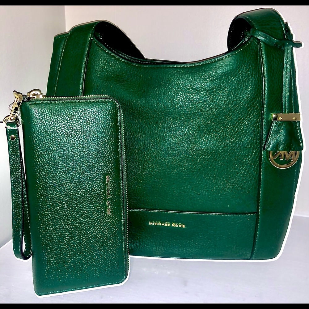 NWT Michael Kors Marlon Shoulder Tote Moss &NWT Mercer Travel continental Wallet